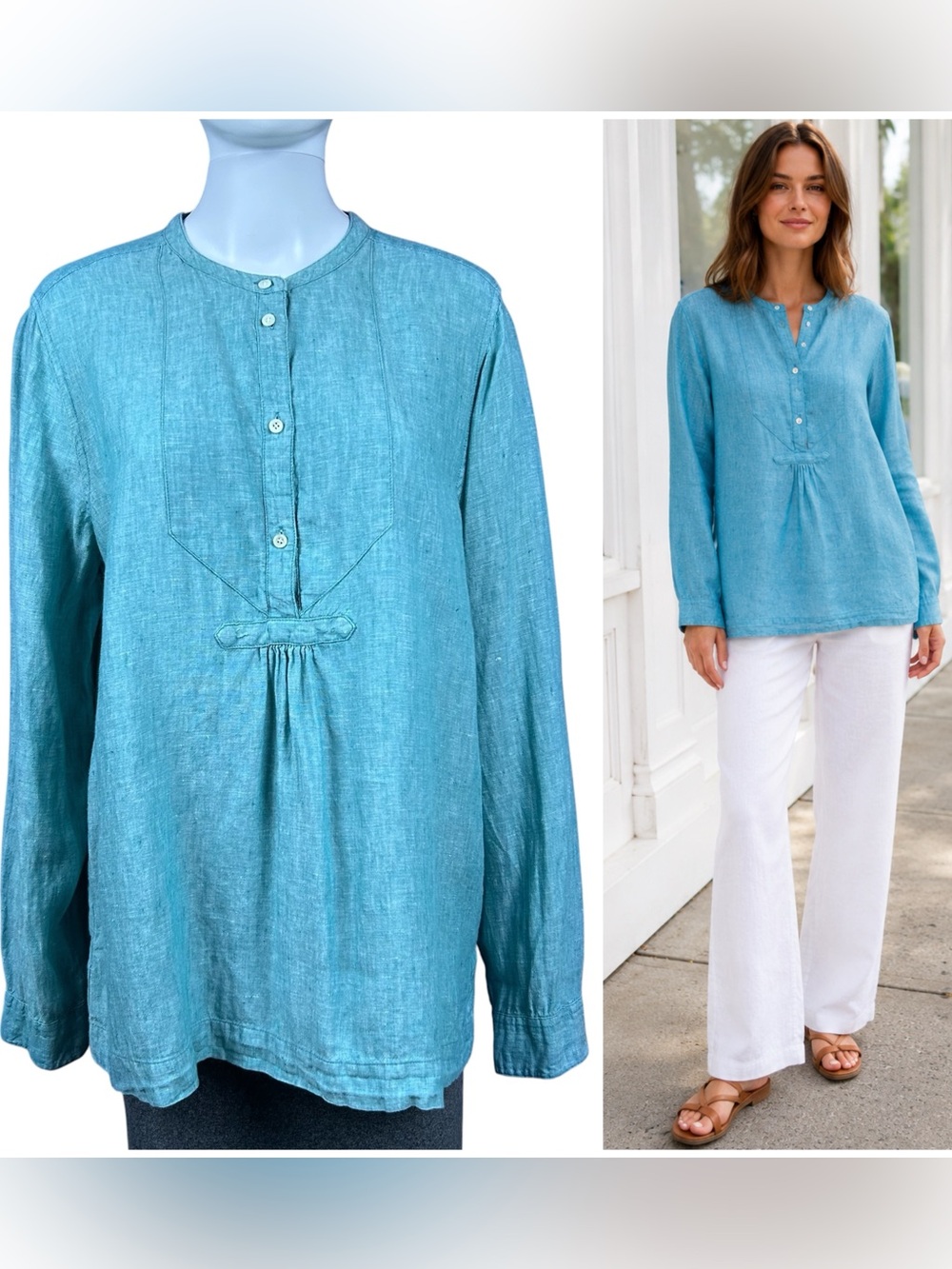 J.Crew Baird McNutt Irish Linen Tunic Top 16 Mandarin Collar Coastal Resort Boho